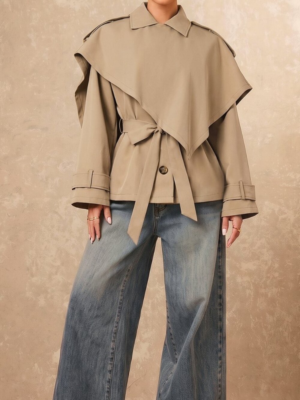 Khaki Elegant Women's Asymmetrical Batwing Long Trench Coat - Picture 6 of 6